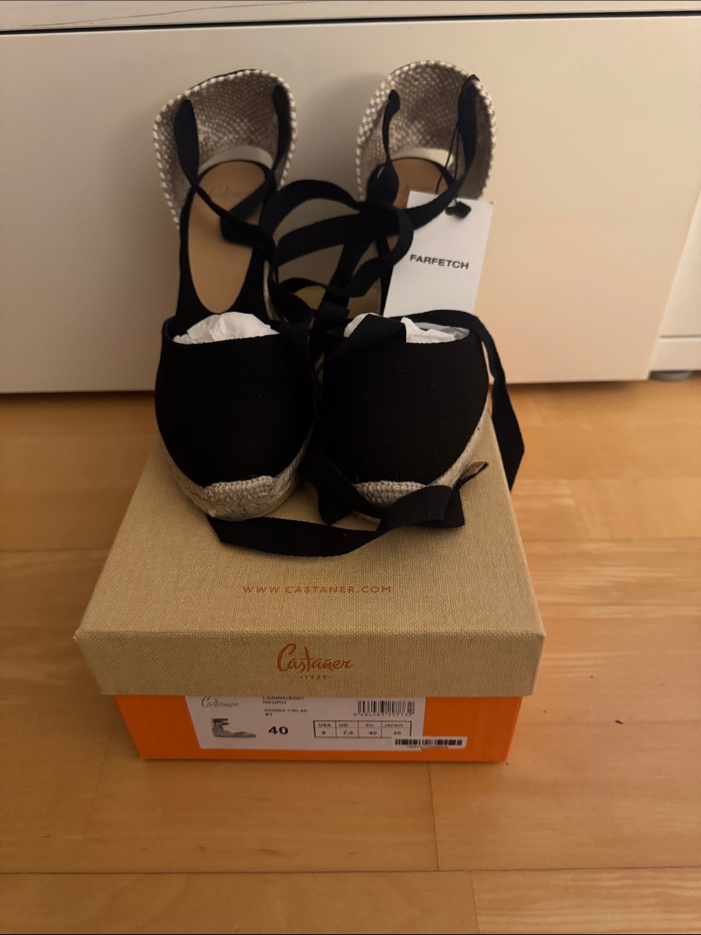 Castaner Black Canvas Espadrille Wedges with Ankle Ties
